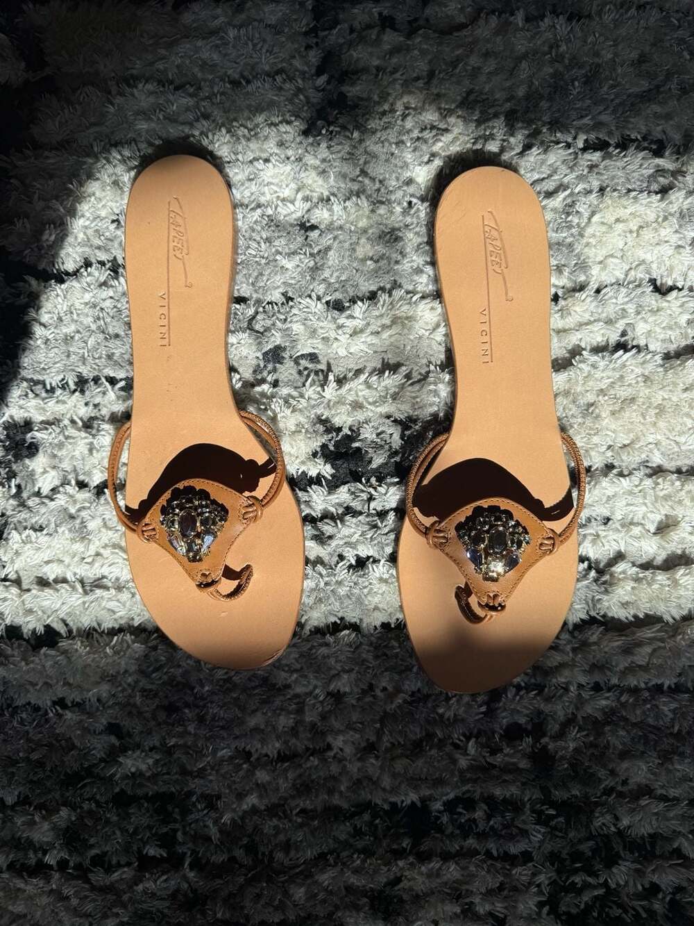 Vicini Tan Leather Crystal Embellished Thong Flat Sandals Size 41
